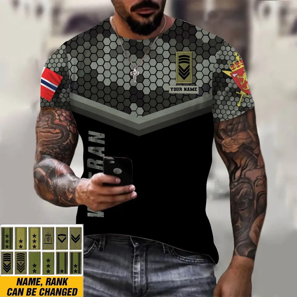 T-shirt personnalisé avec camouflage soldat/vétéran norvégien avec nom et grade imprimé en 3D - 1011230005