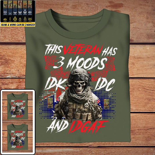 Personalisiertes T-Shirt mit Camouflage-Muster für australische Soldaten/Veteranen mit Rang – Dieser Veteran hat 3 Stimmungen: IDK, IDC und IDGAF – 2502230001