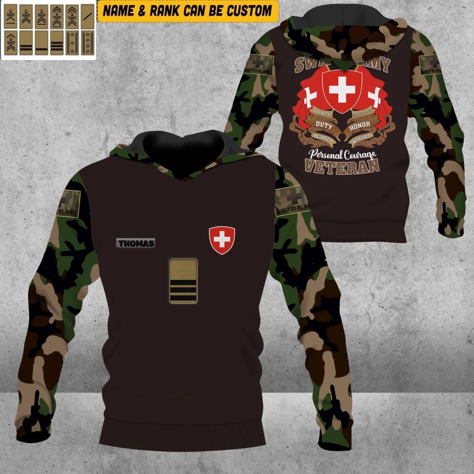 Personalized Swiss Solider/ Veteran Camo With Name And Rank Hoodie 3D Printed - 1912220014