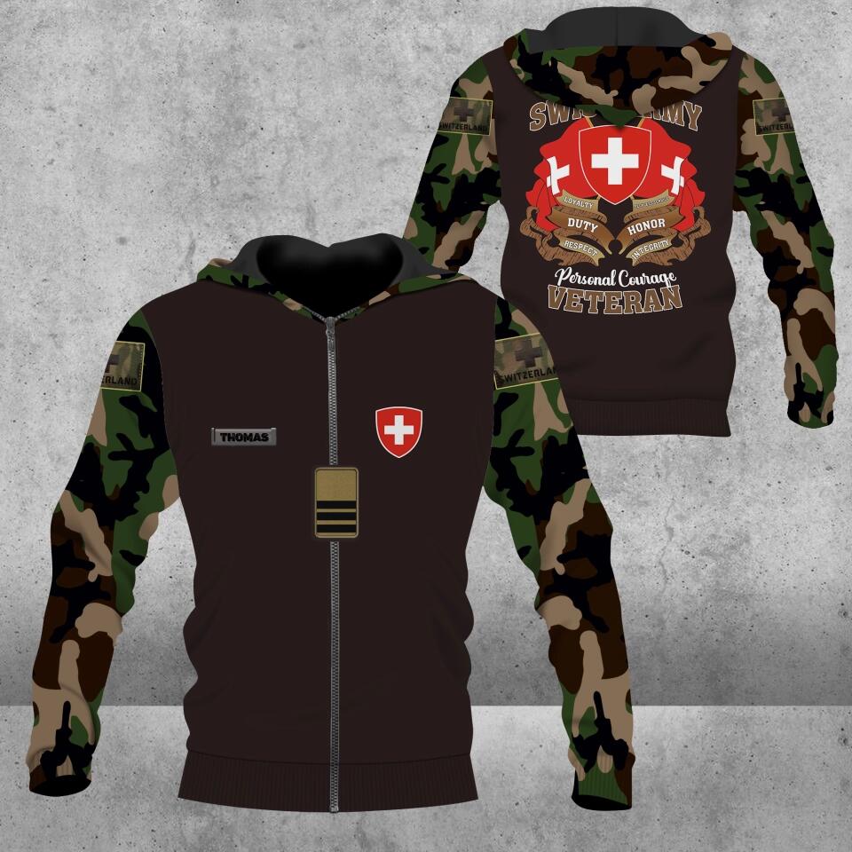 Sweat à capuche personnalisé avec camouflage soldat suisse/vétéran avec nom et grade imprimé en 3D - 1912220014