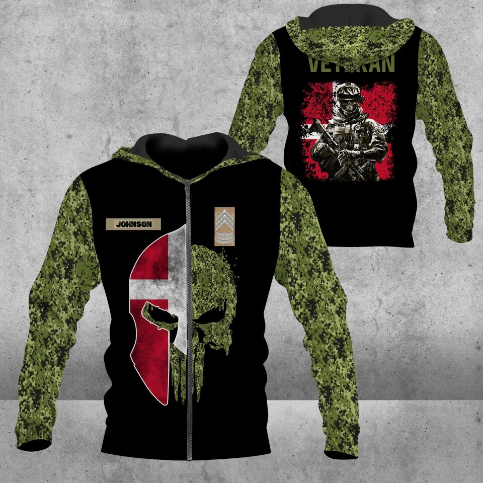 Personalisierter Kapuzenpullover mit 3D-Druck für dänische Soldaten/Veteranen im Camouflage-Muster mit Namen und Rang – 16721856