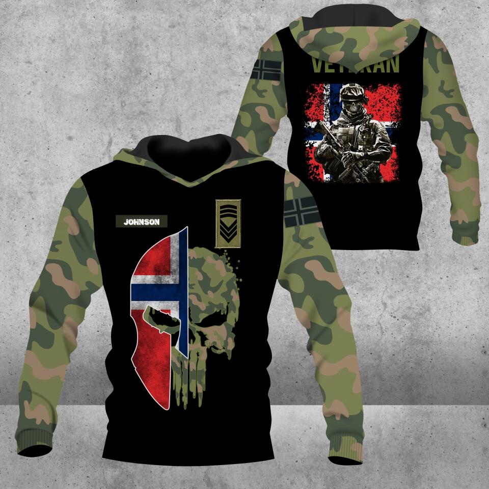 Personalisierter Kapuzenpullover mit 3D-Druck für norwegische Soldaten/Veteranen im Camouflage-Muster mit Namen und Rang – 3112220003