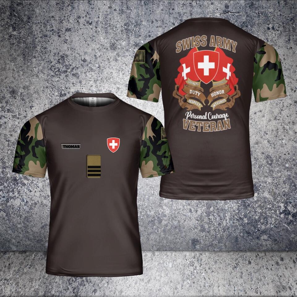 T-shirt personnalisé avec camouflage soldat suisse/vétéran avec nom et grade imprimé en 3D - 2201240001