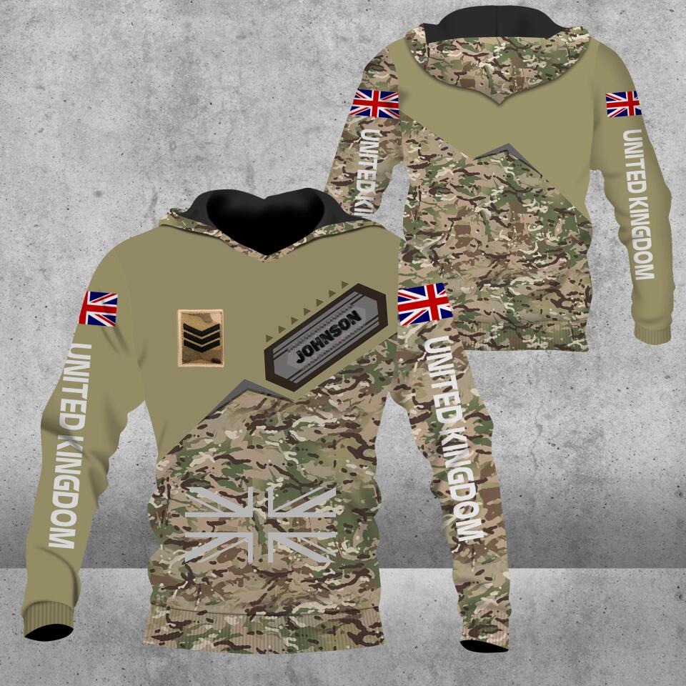 Personalisierter Kapuzenpullover mit 3D-Druck für britische Soldaten/Veteranen im Camouflage-Muster mit Namen und Rang – 3112220007