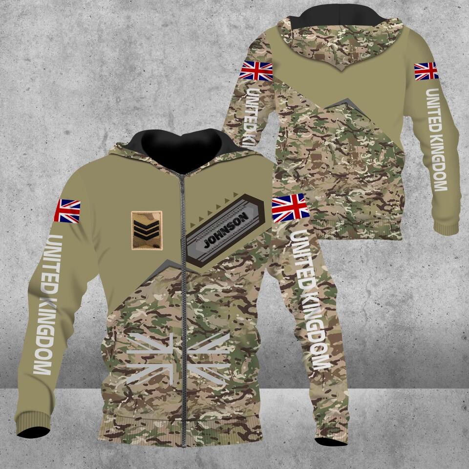 Personalisierter Kapuzenpullover mit 3D-Druck für britische Soldaten/Veteranen im Camouflage-Muster mit Namen und Rang – 3112220007