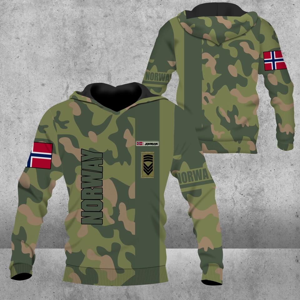 Personalisierter Kapuzenpullover mit 3D-Druck für norwegische Soldaten/Veteranen im Camouflage-Muster mit Namen und Rang – 2101230006