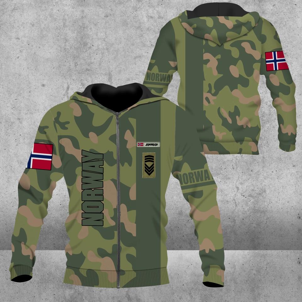 Personalisierter Kapuzenpullover mit 3D-Druck für norwegische Soldaten/Veteranen im Camouflage-Muster mit Namen und Rang – 2101230006