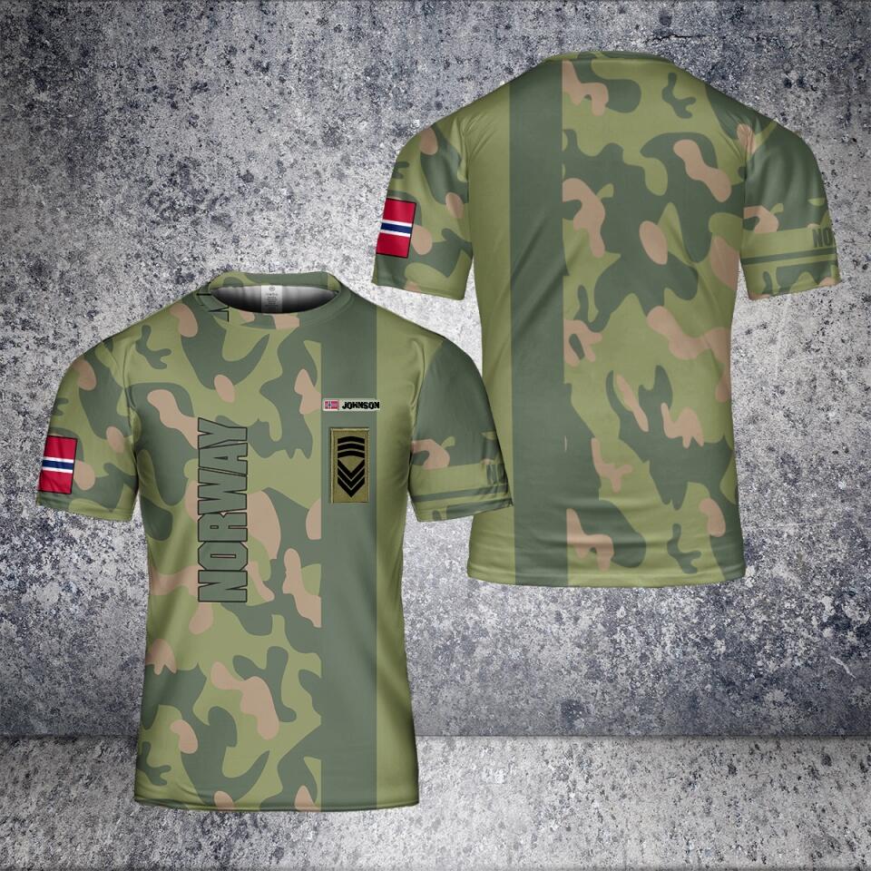 T-shirt personnalisé avec camouflage de soldat/vétéran norvégien avec nom et grade imprimé en 3D - 1501240002