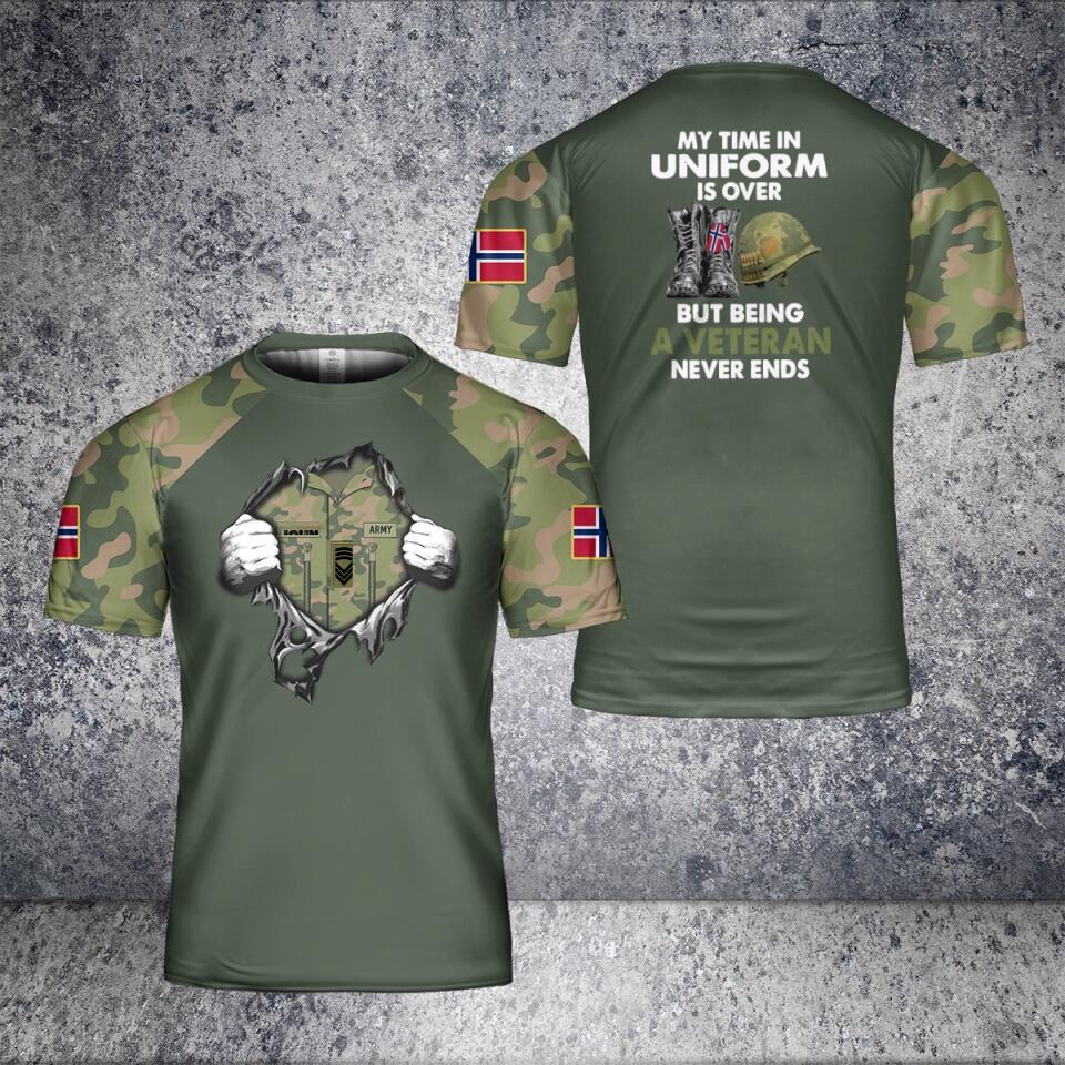 T-shirt personnalisé avec camouflage de soldat/vétéran norvégien avec nom et grade imprimé en 3D - 1201240002