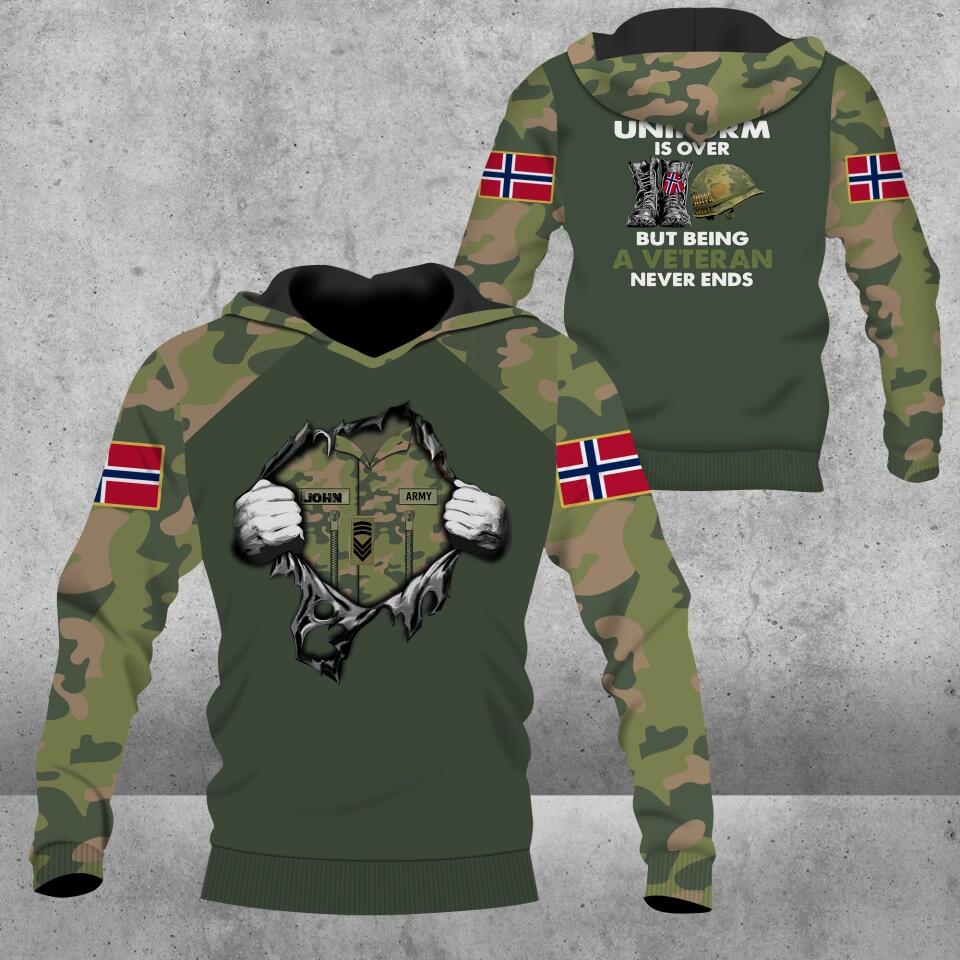 Personalisierter Kapuzenpullover mit 3D-Druck für norwegische Soldaten/Veteranen im Camouflage-Muster mit Namen und Rang – 3112220002