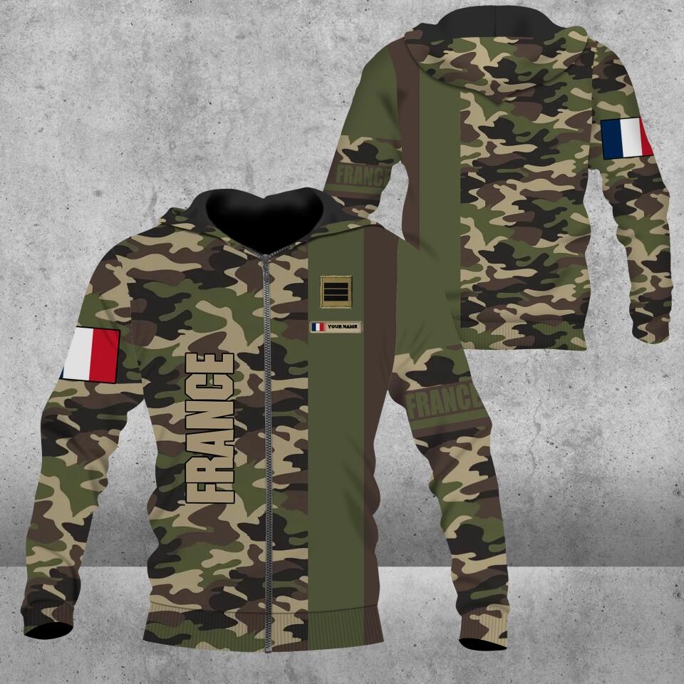 Sweat à capuche personnalisé avec camouflage soldat/vétéran de la France avec nom et grade imprimé en 3D - 1675123203