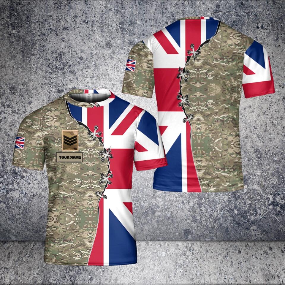 T-shirt personnalisé avec camouflage soldat/vétéran britannique avec nom et grade imprimé en 3D - 0102230005