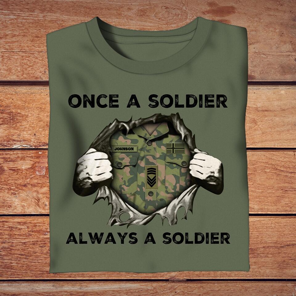 T-shirt personnalisé avec camouflage de soldat/vétéran norvégien avec nom et grade - Once A Soldier Always A Soldier -1302230002