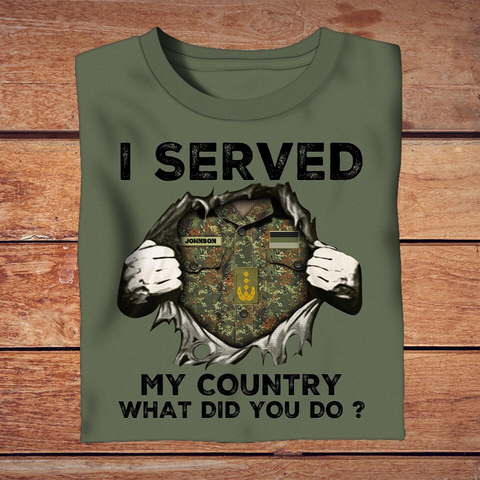 T-shirt personnalisé avec camouflage de soldat/vétéran allemand avec nom et grade - J'ai servi mon pays - 1502230001