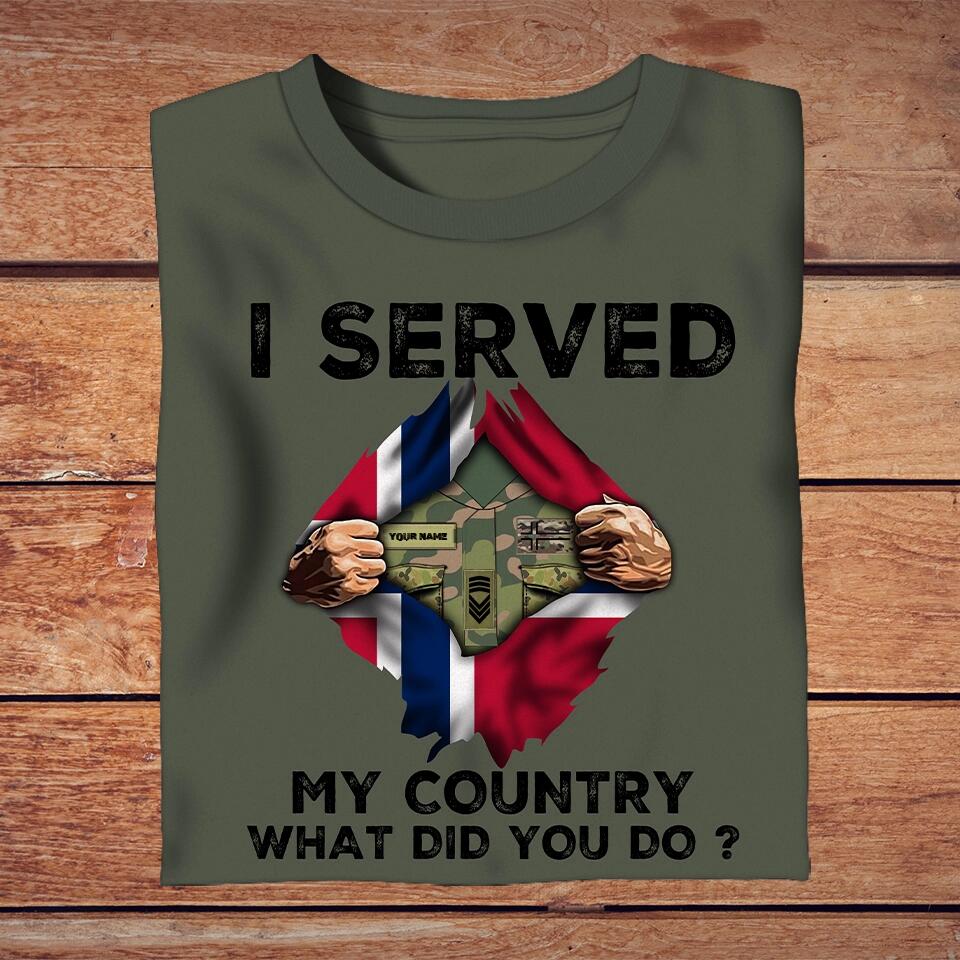 T-shirt personnalisé avec camouflage de soldat/vétéran norvégien avec nom et grade - J'ai servi mon pays - 1702230001