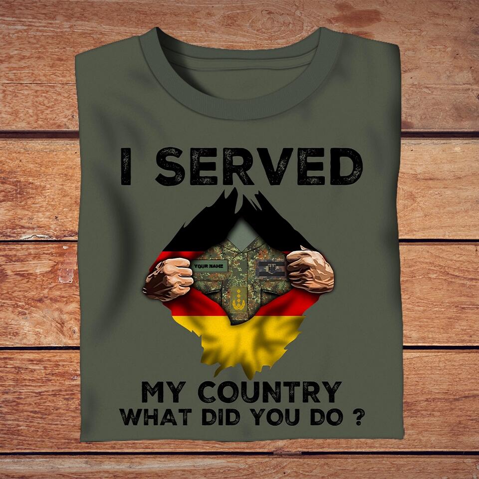 Personalisiertes T-Shirt mit Camouflage-Muster für deutsche Soldaten/Veteranen mit Namen und Rang – Ich habe meinem Land gedient – ​​1702230001