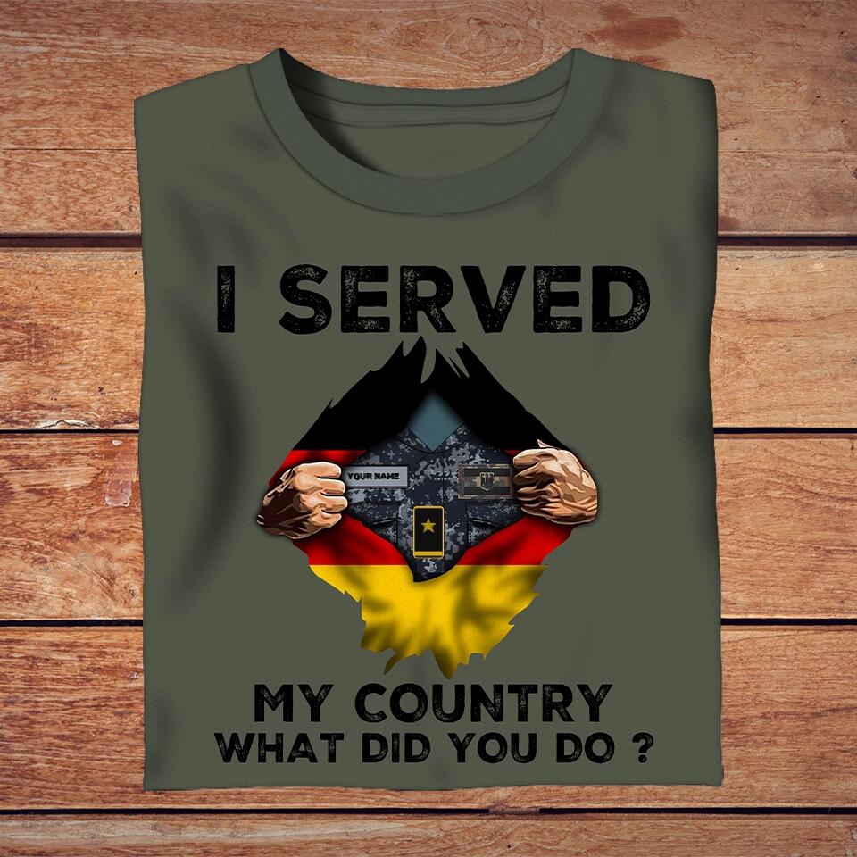 T-shirt personnalisé avec camouflage de soldat/vétéran allemand avec nom et grade - J'ai servi mon pays - 1702230001