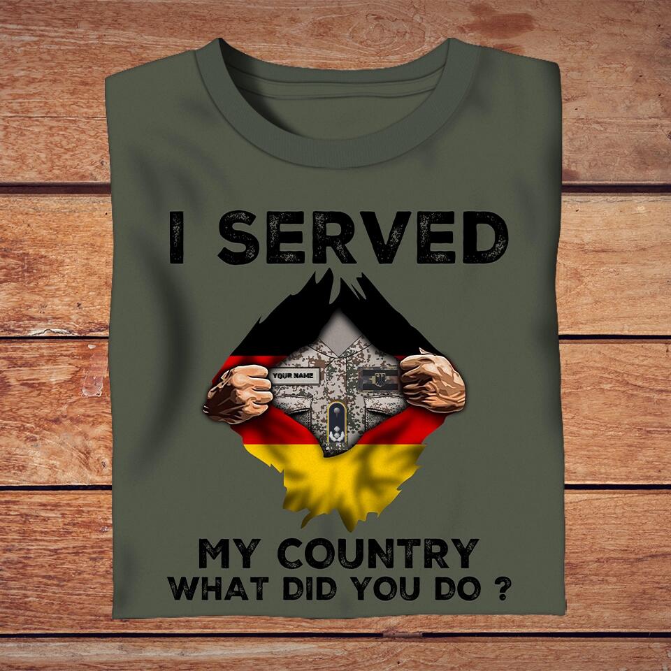 Personalisiertes T-Shirt mit Camouflage-Muster für deutsche Soldaten/Veteranen mit Namen und Rang – Ich habe meinem Land gedient – ​​1702230001