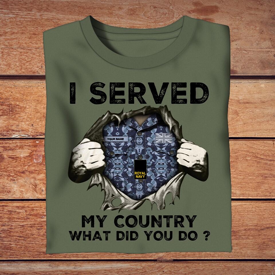 T-shirt personnalisé avec camouflage soldat/vétéran du Royaume-Uni avec nom et grade - J'ai servi mon pays - 2002230002