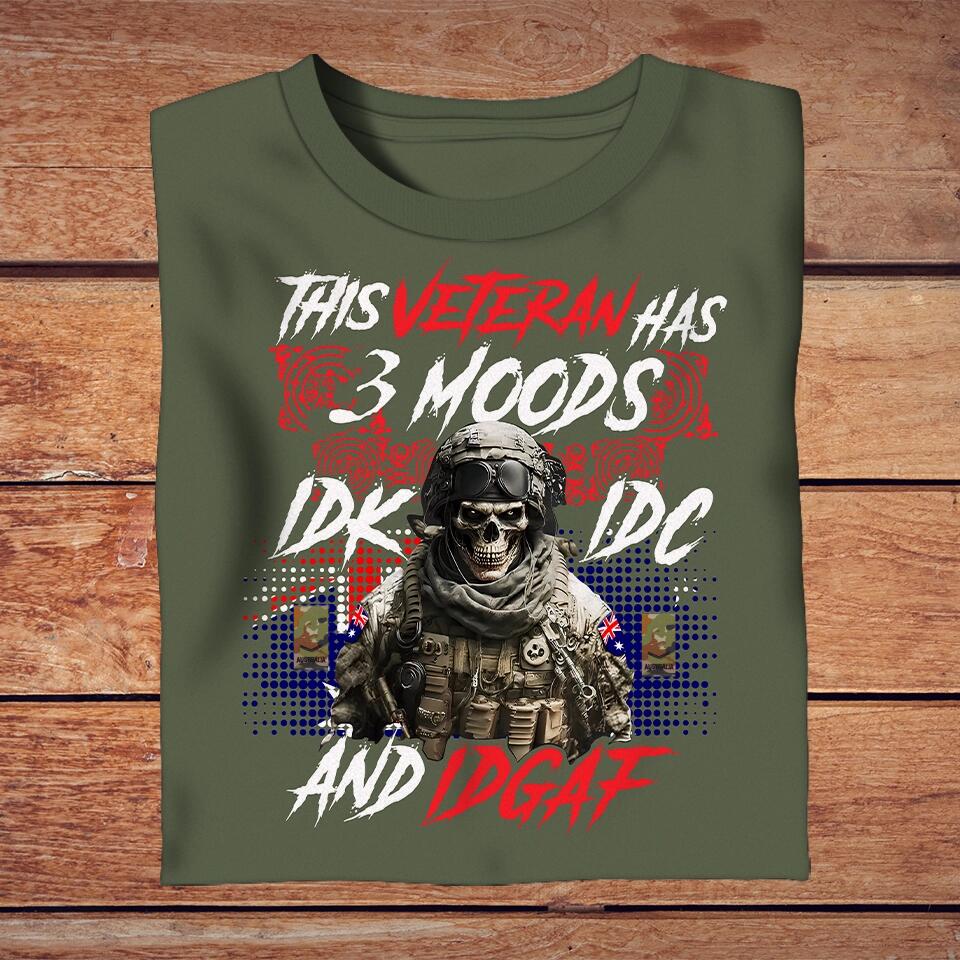 Personalisiertes T-Shirt mit Camouflage-Muster für australische Soldaten/Veteranen mit Rang – Dieser Veteran hat 3 Stimmungen: IDK, IDC und IDGAF – 2502230001