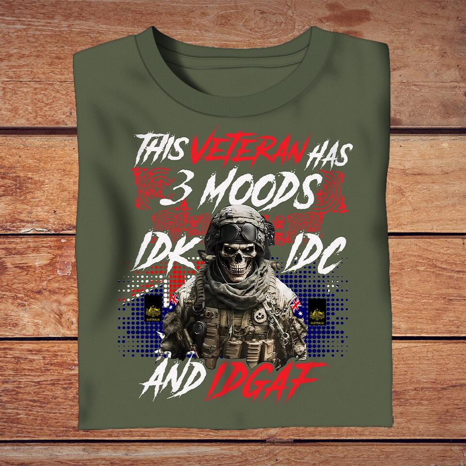 T-shirt personnalisé avec camouflage de soldat/vétéran australien et grade - Ce vétéran a 3 humeurs, je ne sais pas ...