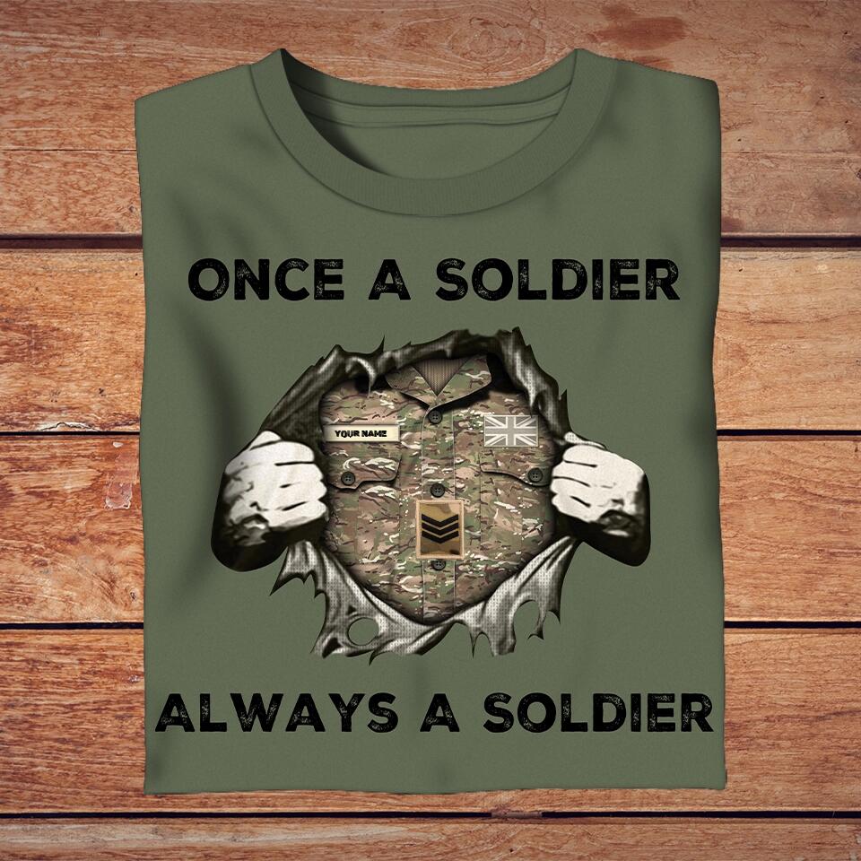 T-shirt personnalisé avec camouflage soldat/vétéran du Royaume-Uni avec nom et grade - Once A Soldier Always A Soldier - 2502230002