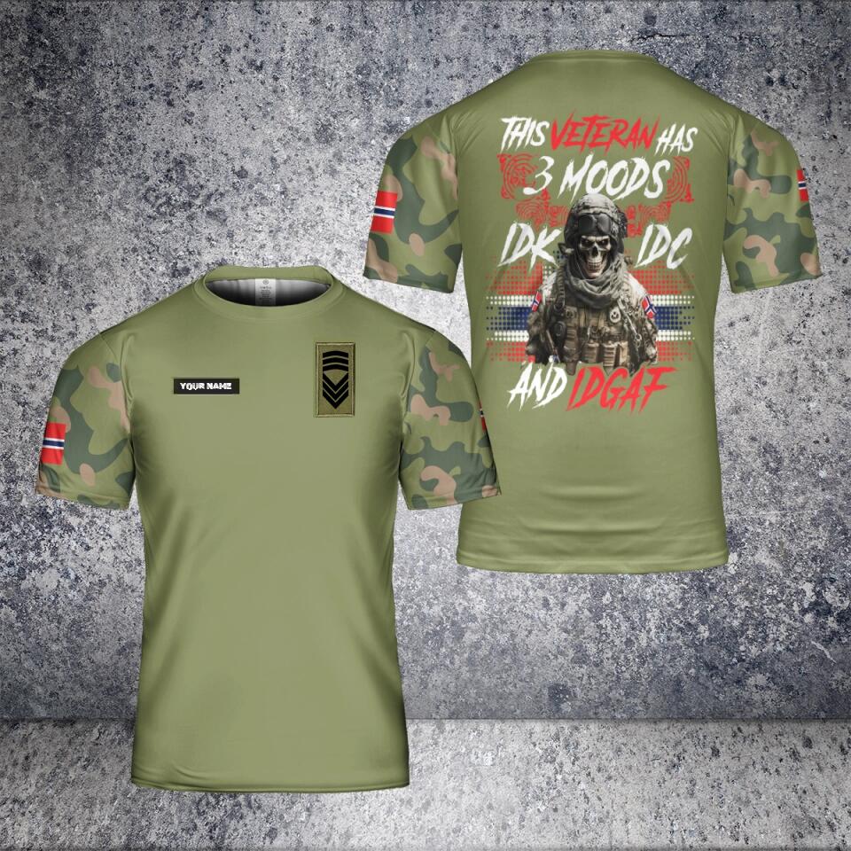 T-shirt personnalisé avec camouflage de soldat/vétéran norvégien avec nom et grade « Je ne sais pas, je m'en fiche » imprimé en 3D - 1701240003