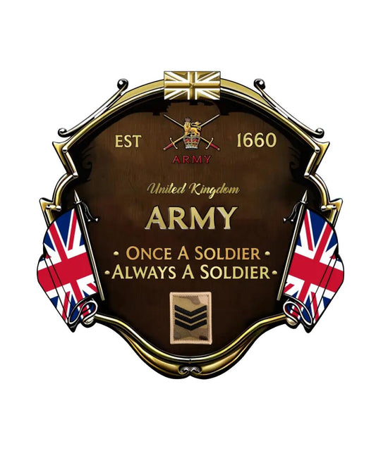 Personalized Rank United Kingdom Soldier/Veterans Camo Cut Metal Sign - 1677628801