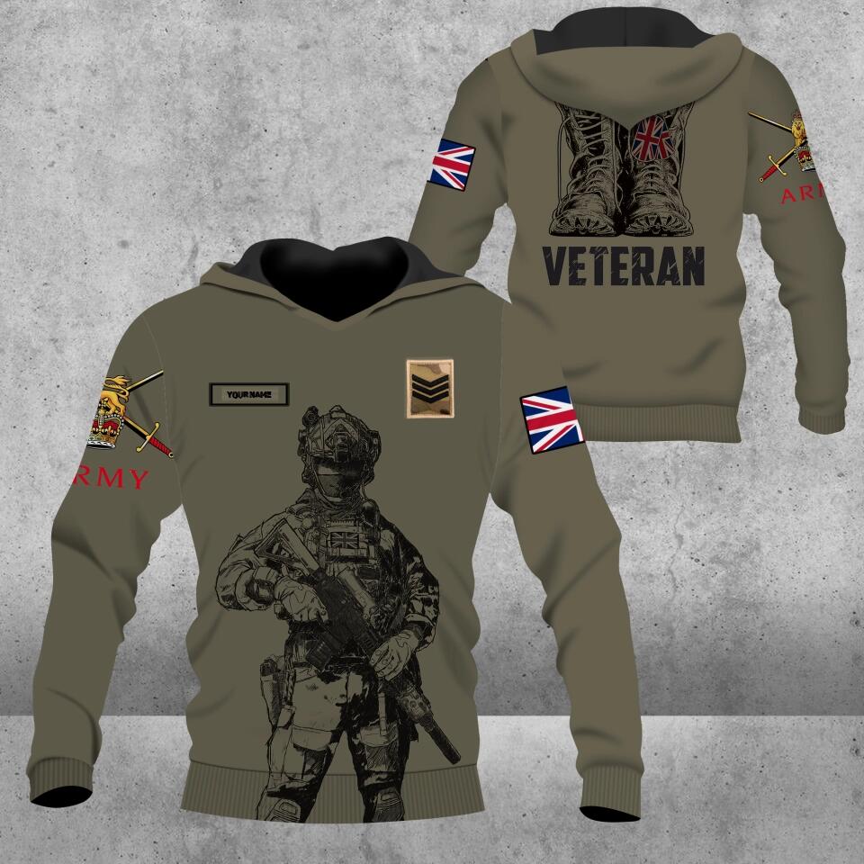 Sweat à capuche personnalisé avec camouflage soldat/vétéran britannique avec nom et grade imprimé en 3D - 0103230002