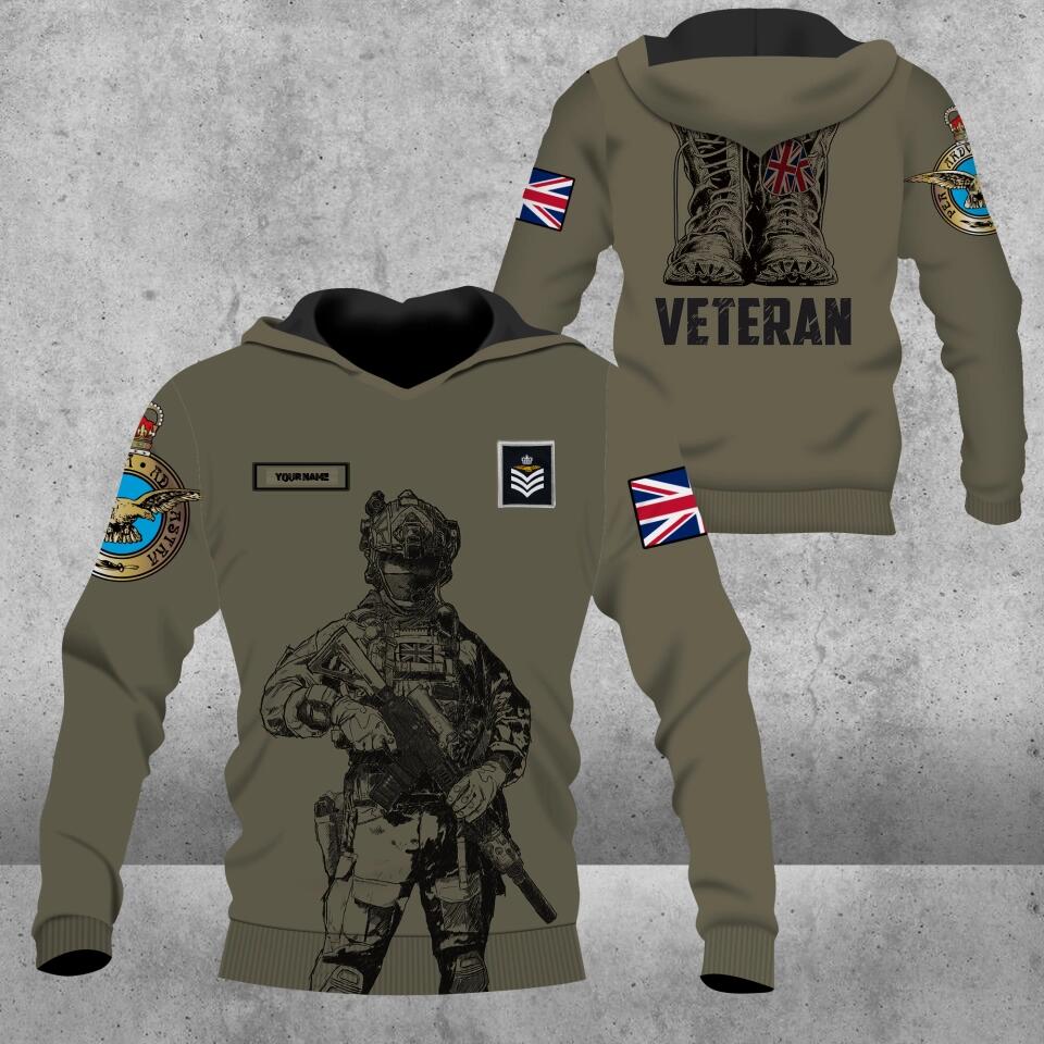 Sweat à capuche personnalisé avec camouflage soldat/vétéran britannique avec nom et grade imprimé en 3D - 0103230002