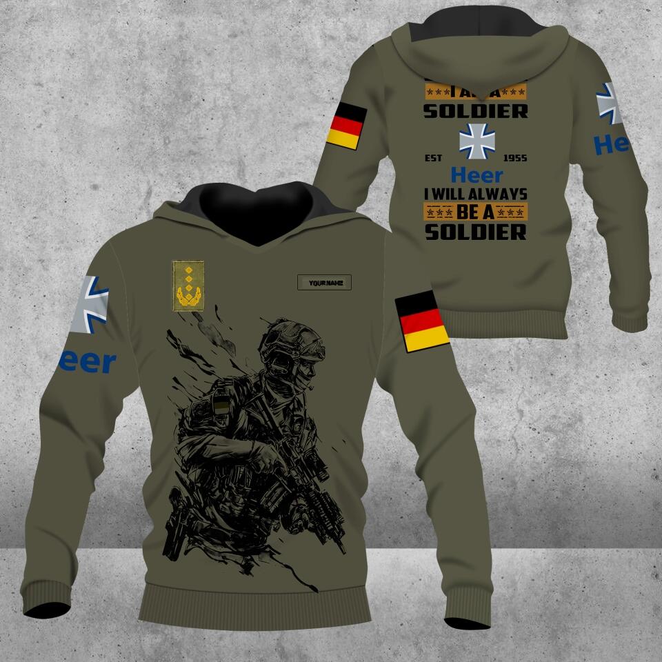 Sweat à capuche personnalisé avec camouflage soldat/vétéran allemand avec nom et grade imprimé en 3D - 0103230003