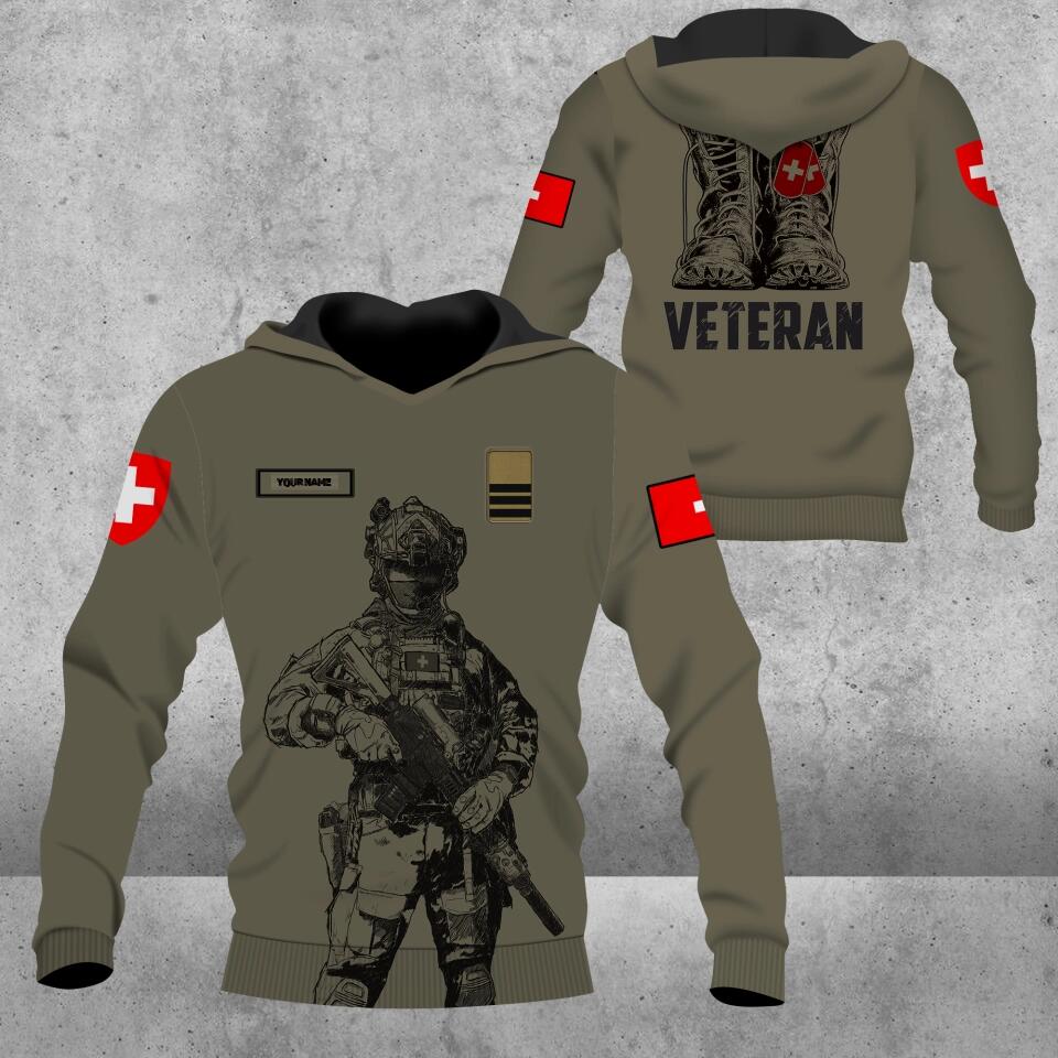 Sweat à capuche personnalisé avec camouflage soldat/vétéran suisse avec nom et grade imprimé en 3D - 0103230002