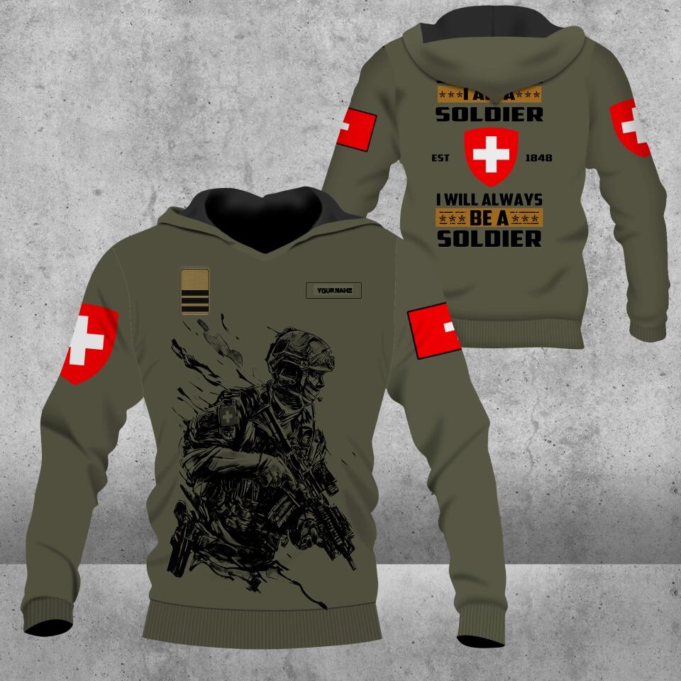 Sweat à capuche personnalisé avec camouflage soldat/vétéran suisse avec nom et grade imprimé en 3D - 0103230003