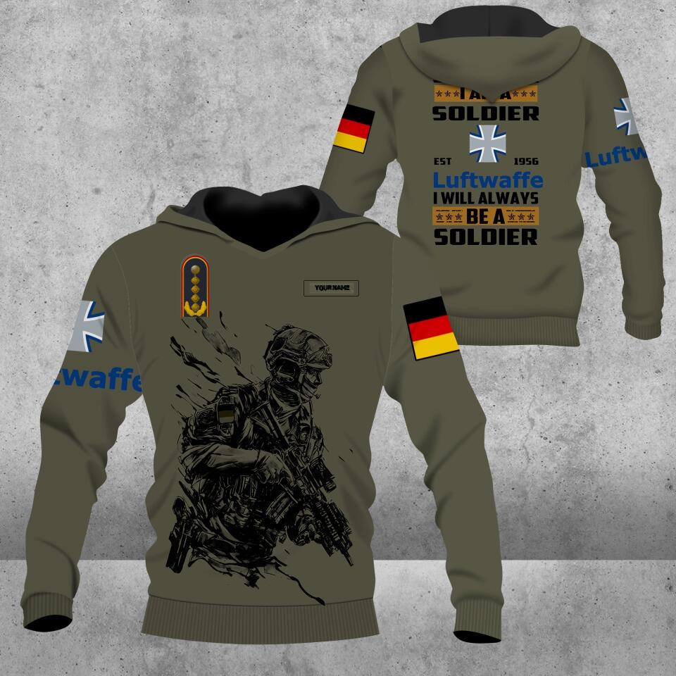 Personalisierter Kapuzenpullover mit 3D-Druck für deutsche Soldaten/Veteranen im Camouflage-Muster mit Namen und Rang – 0103230003