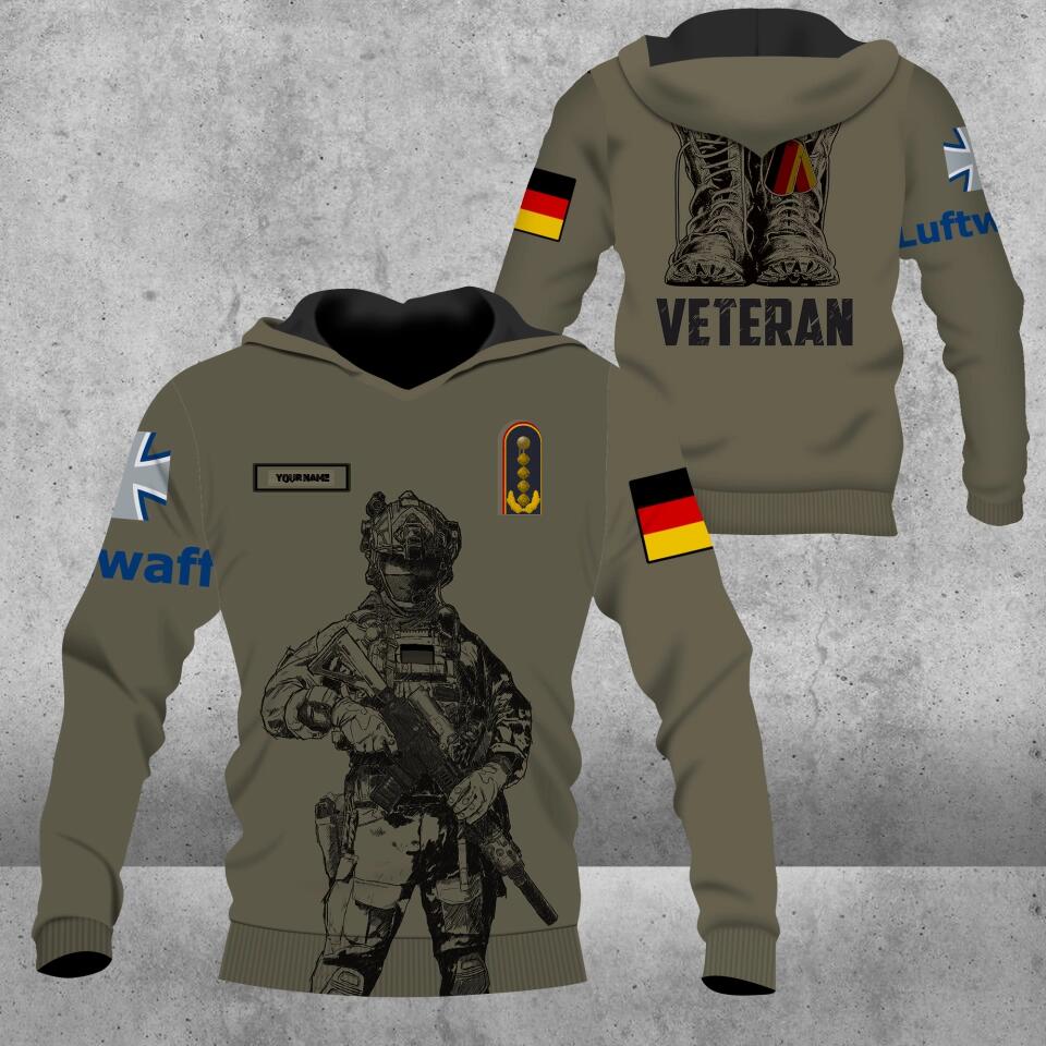 Sweat à capuche personnalisé avec camouflage soldat/vétéran allemand avec nom et grade imprimé en 3D - 0103230002