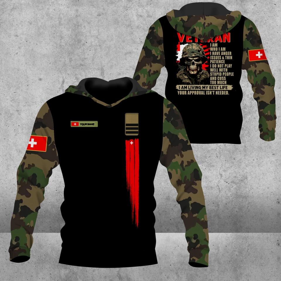 Personalisierter Kapuzenpullover mit Schweizer Soldaten-/Veteranen-Tarnmuster und Namen und Rang, 3D-Druck – 0103230002