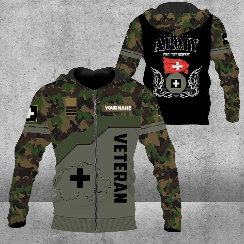 Sweat à capuche personnalisé avec camouflage soldat/vétéran suisse avec nom et grade imprimé en 3D - 0501230003