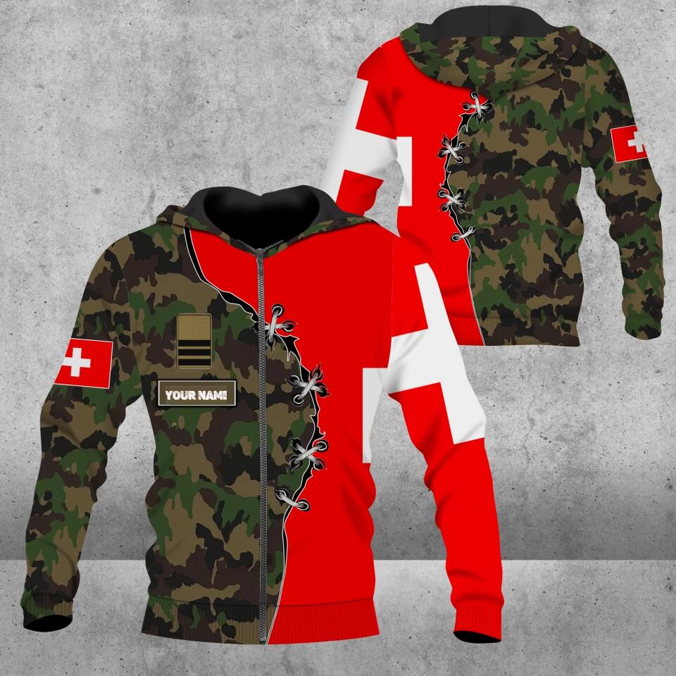 Personalisierter Kapuzenpullover mit Schweizer Soldaten-/Veteranen-Tarnmuster und Namen und Rang, 3D-Druck – 1701230001