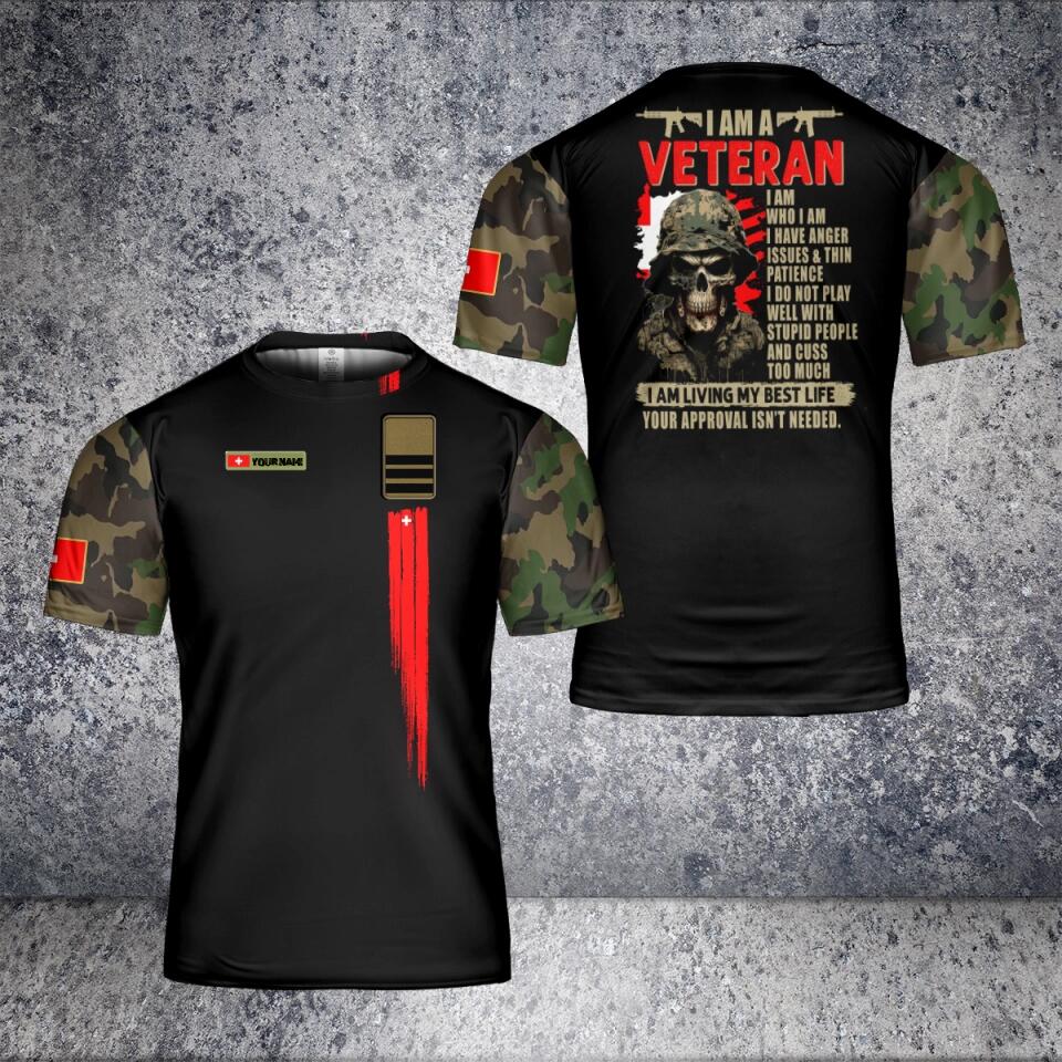 Personalisiertes Schweizer Soldat/Veteranen-Tarn-T-Shirt mit Namen und Rang, 3D-Druck – 2301240003