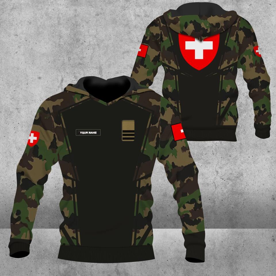 Personalisierter Kapuzenpullover mit Schweizer Soldaten-/Veteranen-Tarnmuster und Namen und Rang, 3D-Druck – 1403230001