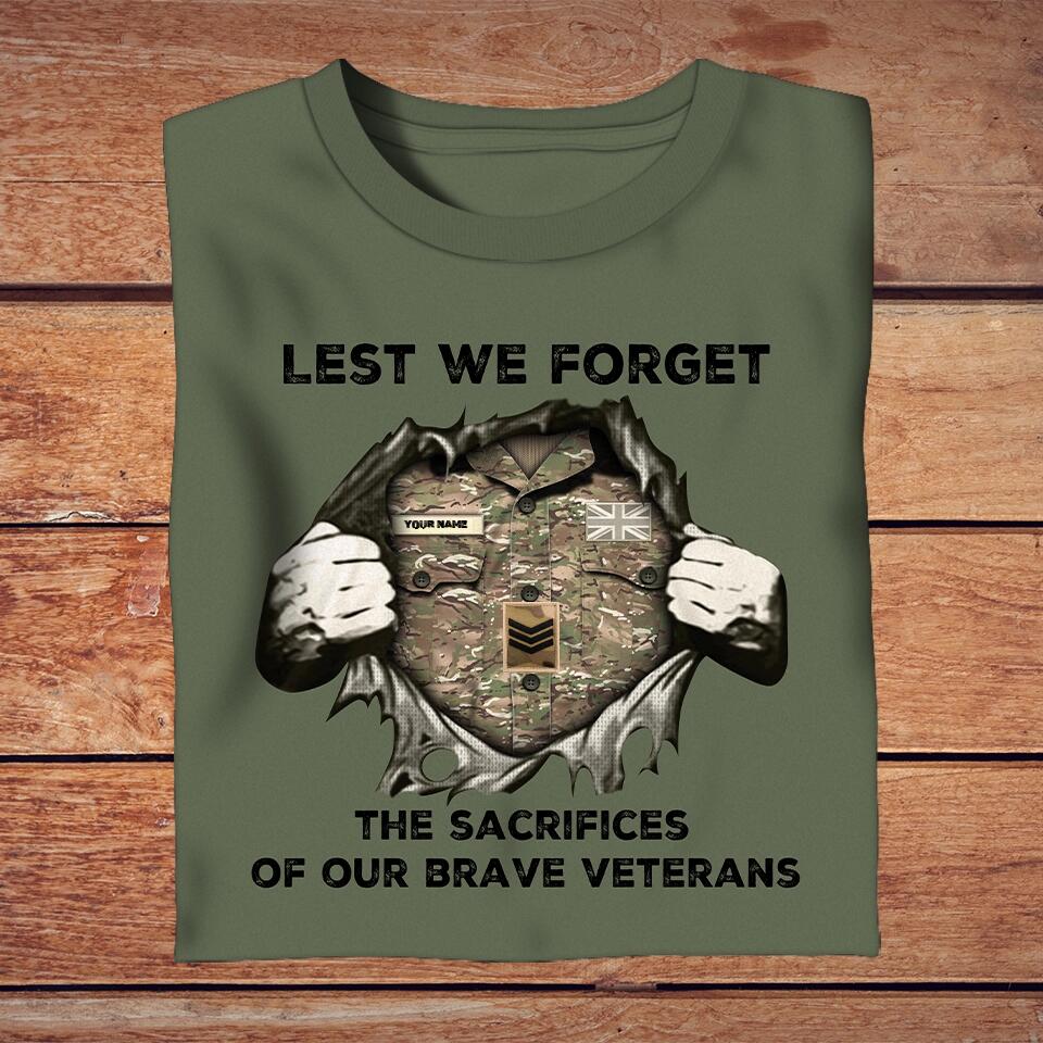 T-shirt personnalisé avec camouflage soldat/vétéran du Royaume-Uni avec nom et grade - Lest We Forget - 3003230002