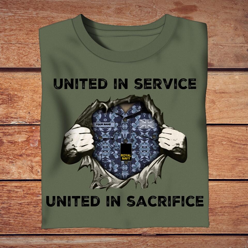 T-shirt personnalisé avec camouflage soldat/vétéran du Royaume-Uni avec nom et grade - United In Service United In Sacrifice - 3003230003