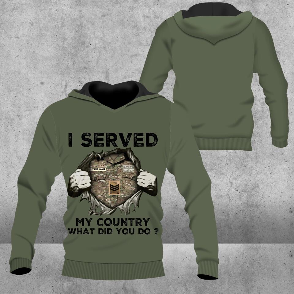 Personalisierter Kapuzenpullover mit Camouflage-Muster für britische Soldaten/Veteranen mit Namen und Rang – „I Served My Country“ – 2002230002