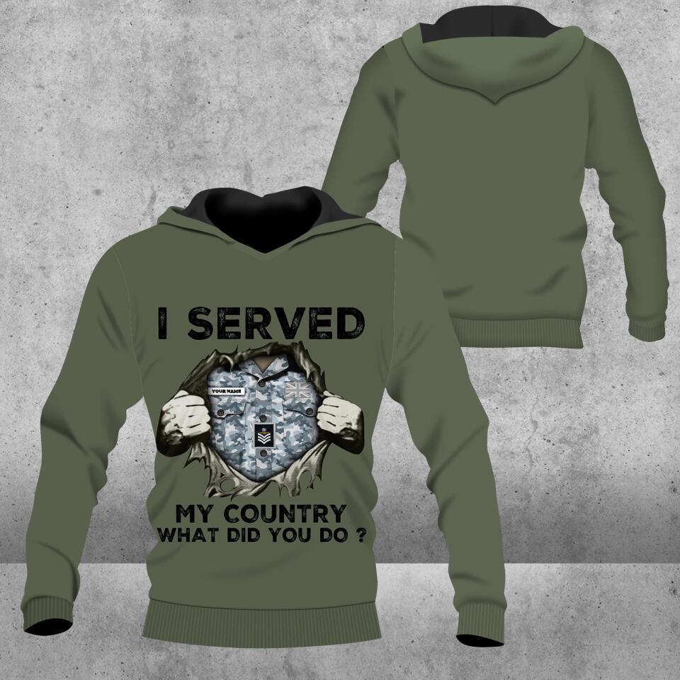 Personalisierter Kapuzenpullover mit Camouflage-Muster für britische Soldaten/Veteranen mit Namen und Rang – „I Served My Country“ – 2002230002