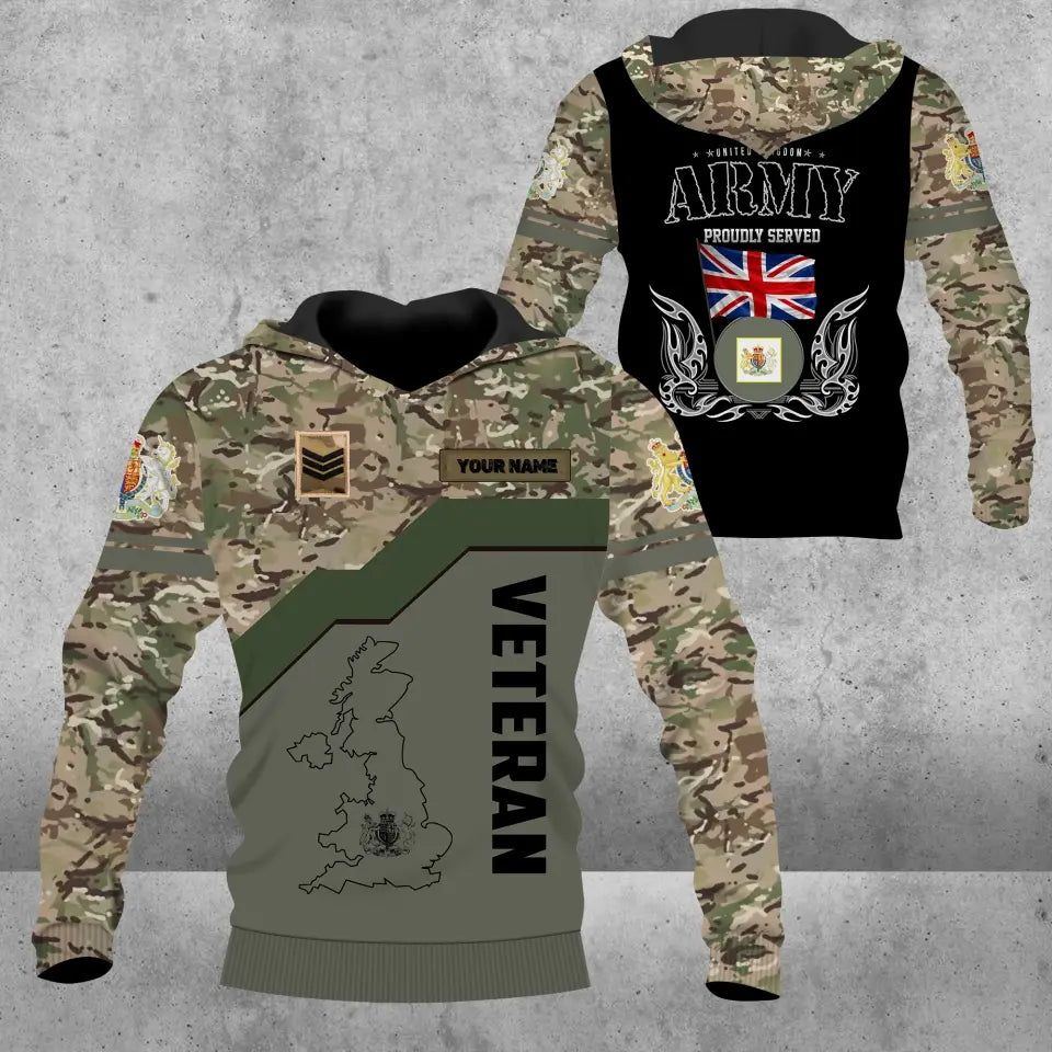 Sweat à capuche personnalisé avec camouflage soldat/vétéran du Royaume-Uni avec nom et grade imprimé en 3D - 0604230001