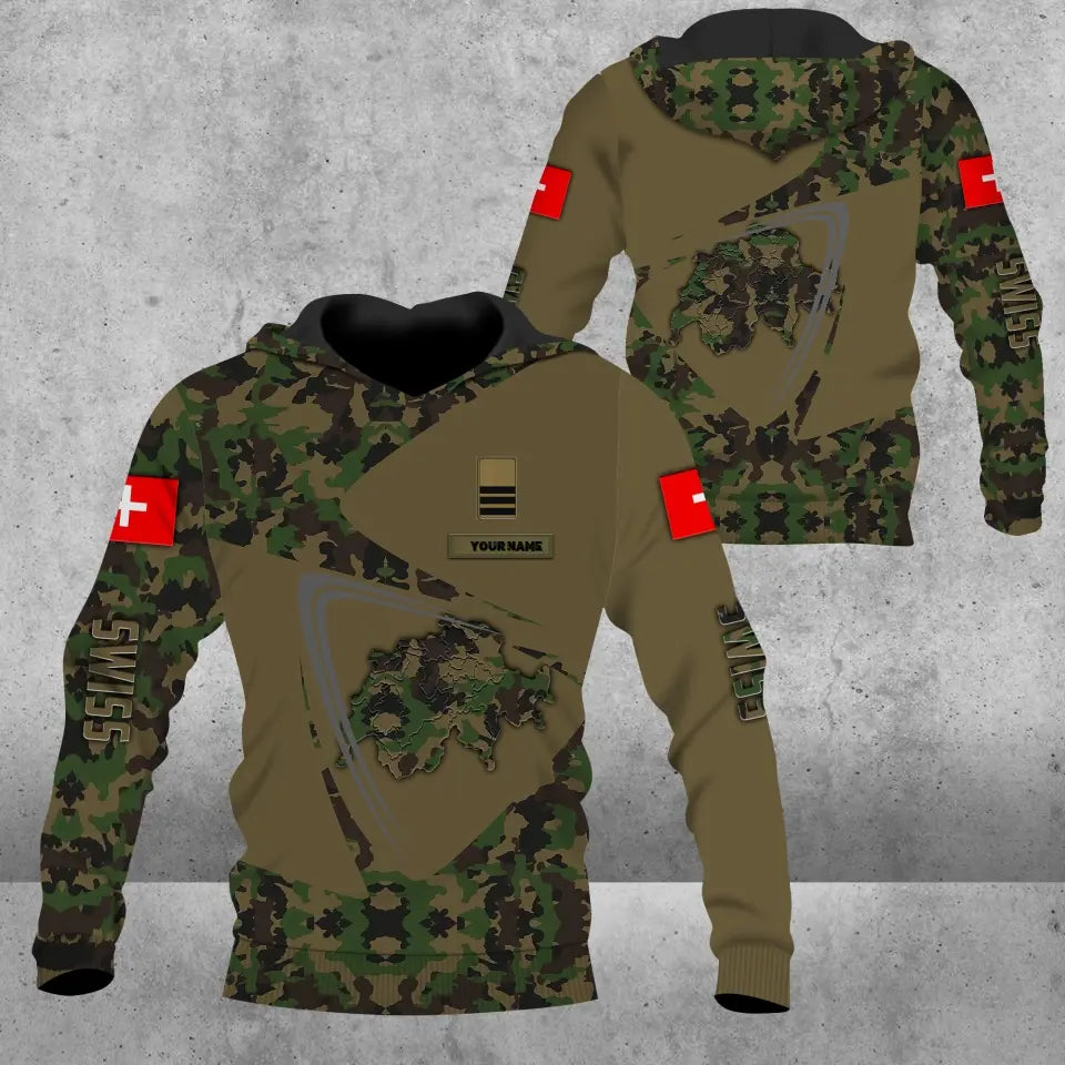 Sweat à capuche personnalisé avec camouflage soldat/vétéran suisse avec nom et grade imprimé en 3D - 0604230005