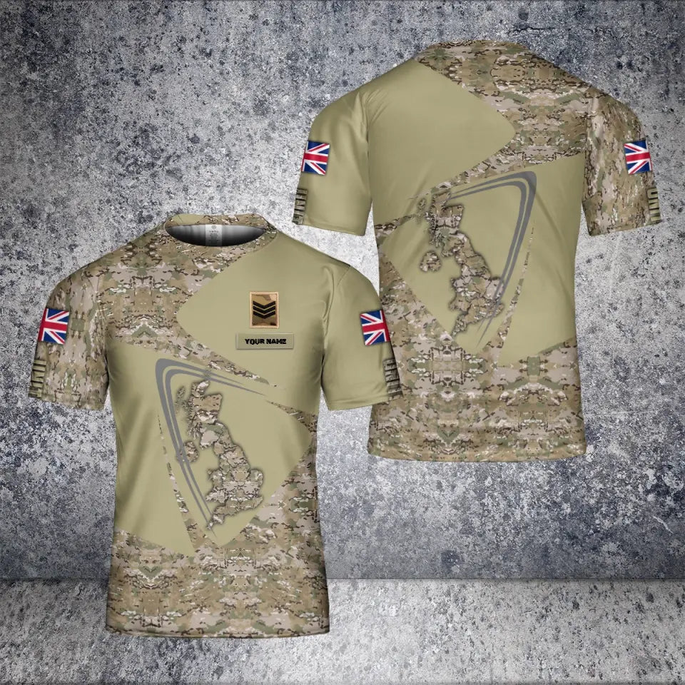 T-shirt personnalisé avec camouflage soldat/vétéran du Royaume-Uni avec nom et grade imprimé en 3D - 0604230005