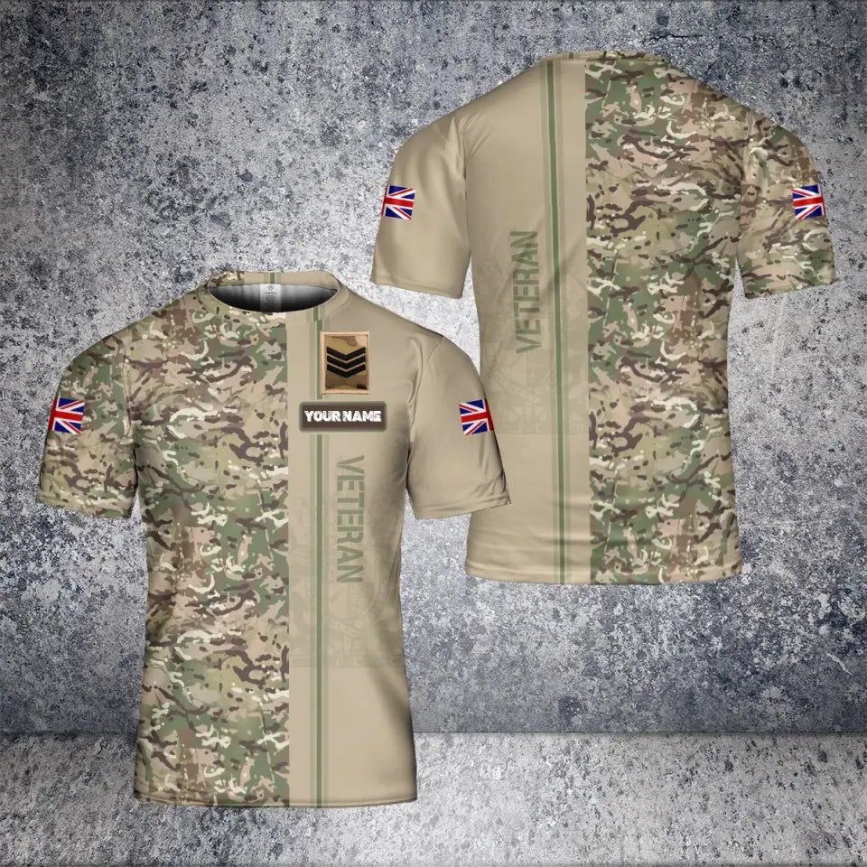 T-shirt personnalisé avec camouflage soldat/vétéran du Royaume-Uni avec nom et grade imprimé en 3D - 0604230006