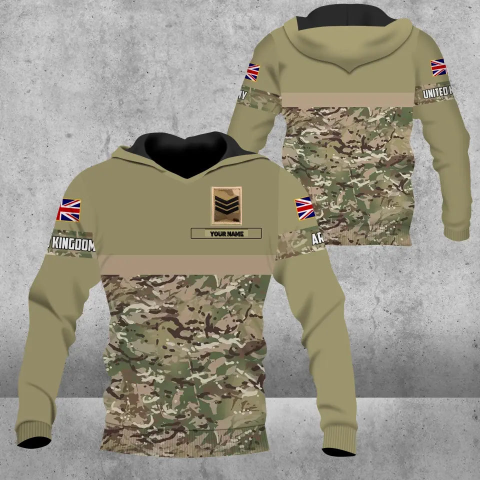 Sweat à capuche personnalisé avec camouflage soldat/vétéran du Royaume-Uni avec nom et grade imprimé en 3D - 0604230010