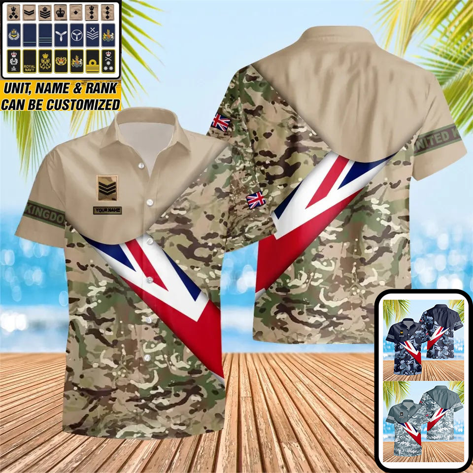 T-shirt Hawaïen personnalisé avec camouflage soldat/vétéran britannique avec nom et grade imprimé en 3D - 0805230003